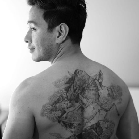 Nimsdai with the tattoos of tallest 14 mountains above 8000m. which he have climbed within 6 months and 6 days 